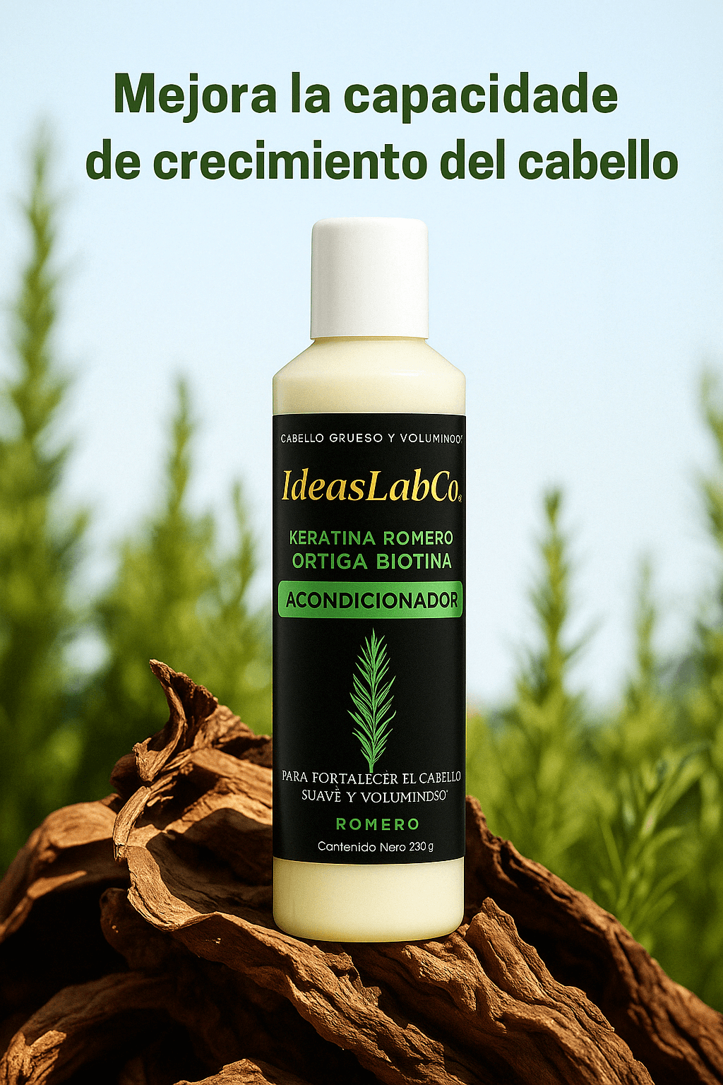 Acondicionador para Cabello Grueso y Voluminoso con Romero Keratina Ortiga y Biotina (500 ml.) - IdeasLabCo™